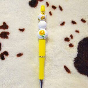 Yellow Sunflower Custom Made Rhinestone Wood Beaded Ink Pen